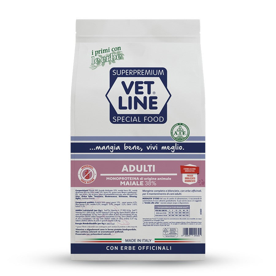 Sacco alimento secco Vet Line Adulti Maiale 12,5 kg per cani adulti monoproteico senza glutine Sacco alimento secco Vet Line Adulti Maiale 12,5 kg per cani adulti monoproteico senza glutine